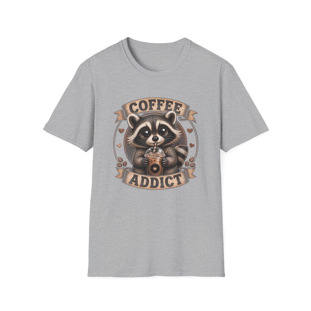 Coffee Addict T-Shirt — Cute Raccoon Holding Coffee Graphic Tee