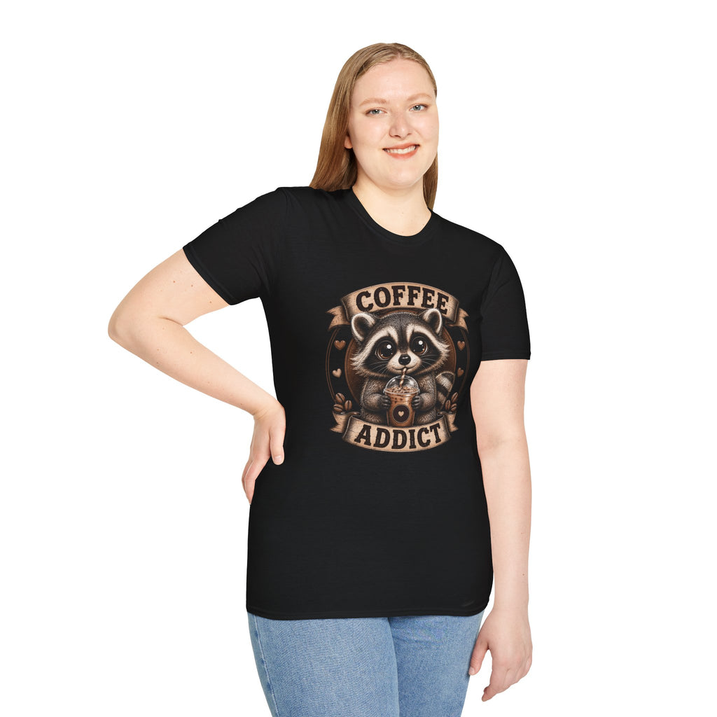Coffee Addict T-Shirt — Cute Raccoon Holding Coffee Graphic Tee