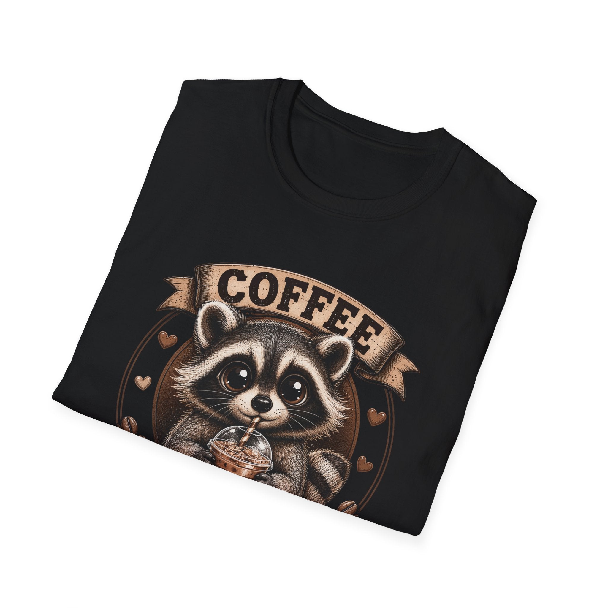 Coffee Addict T-Shirt — Cute Raccoon Holding Coffee Graphic Tee