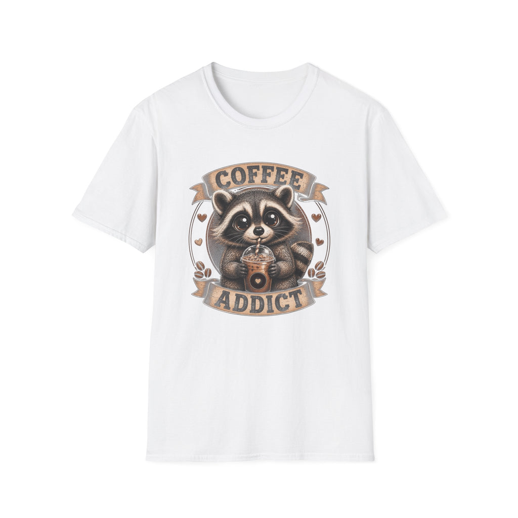 Coffee Addict T-Shirt — Cute Raccoon Holding Coffee Graphic Tee
