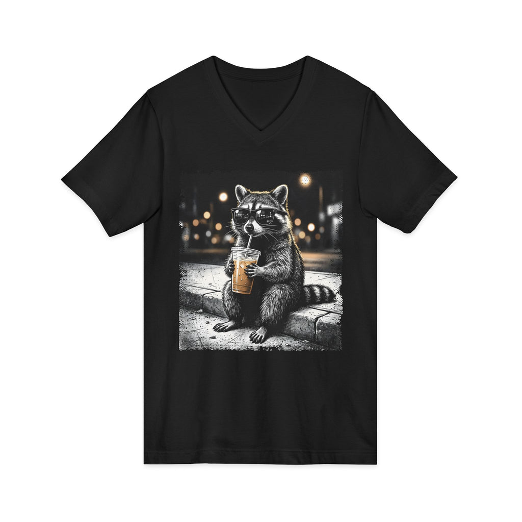 Raccoon Coffee V-Neck Tee — Cute Nighttime Boba Raccoon Graphic T-Shirt