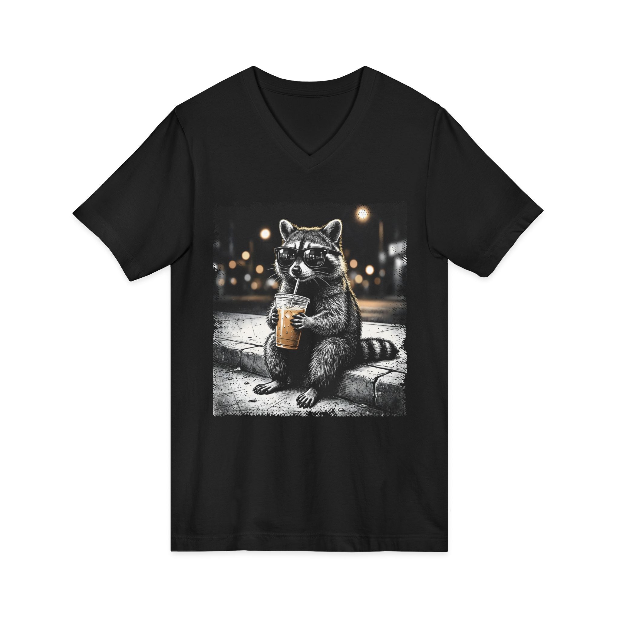 Raccoon Coffee V-Neck Tee — Cute Nighttime Boba Raccoon Graphic T-Shirt