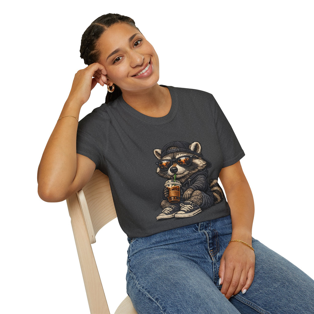 Raccoon Hoodie & Coffee Graphic T-Shirt — Cute Urban Streetwear Tee