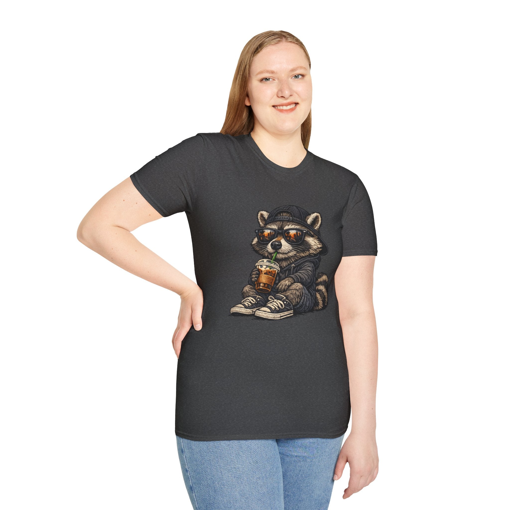 Raccoon Hoodie & Coffee Graphic T-Shirt — Cute Urban Streetwear Tee