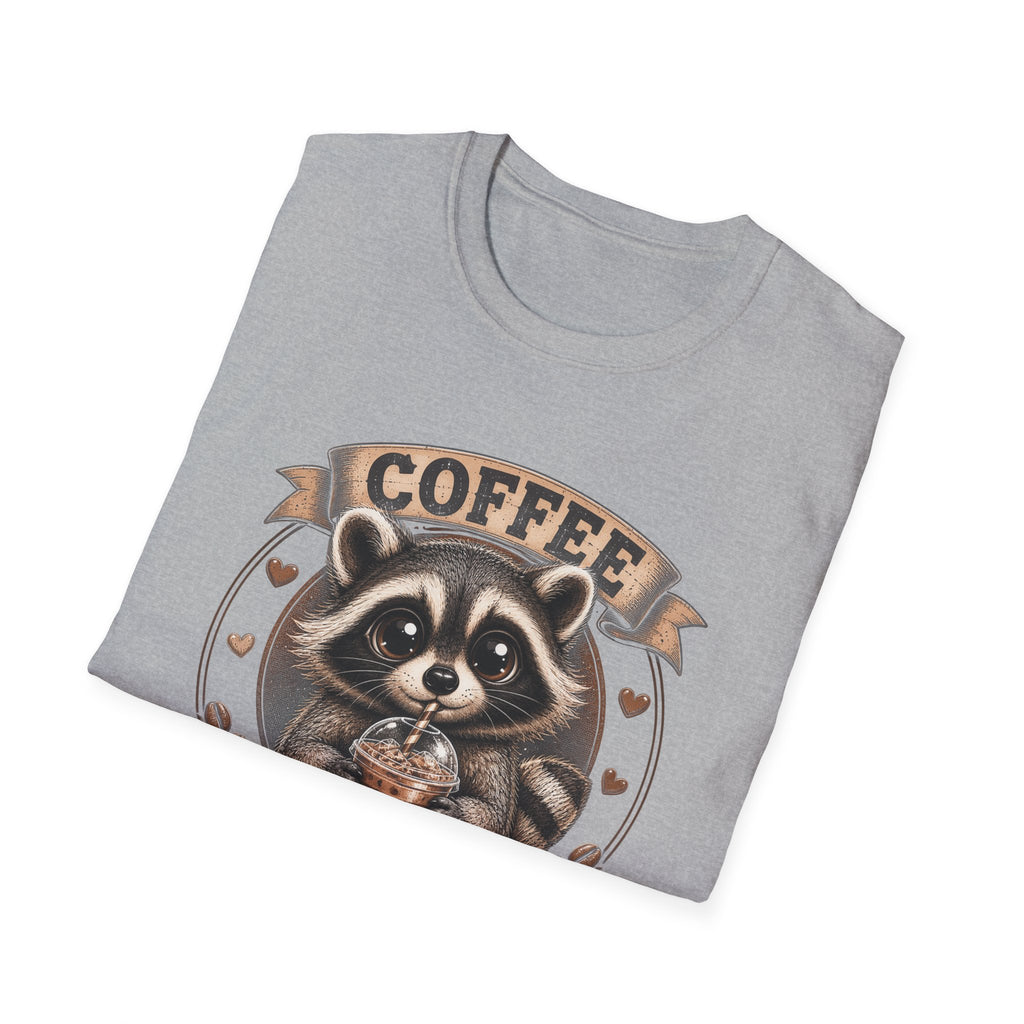 Coffee Addict T-Shirt — Cute Raccoon Holding Coffee Graphic Tee