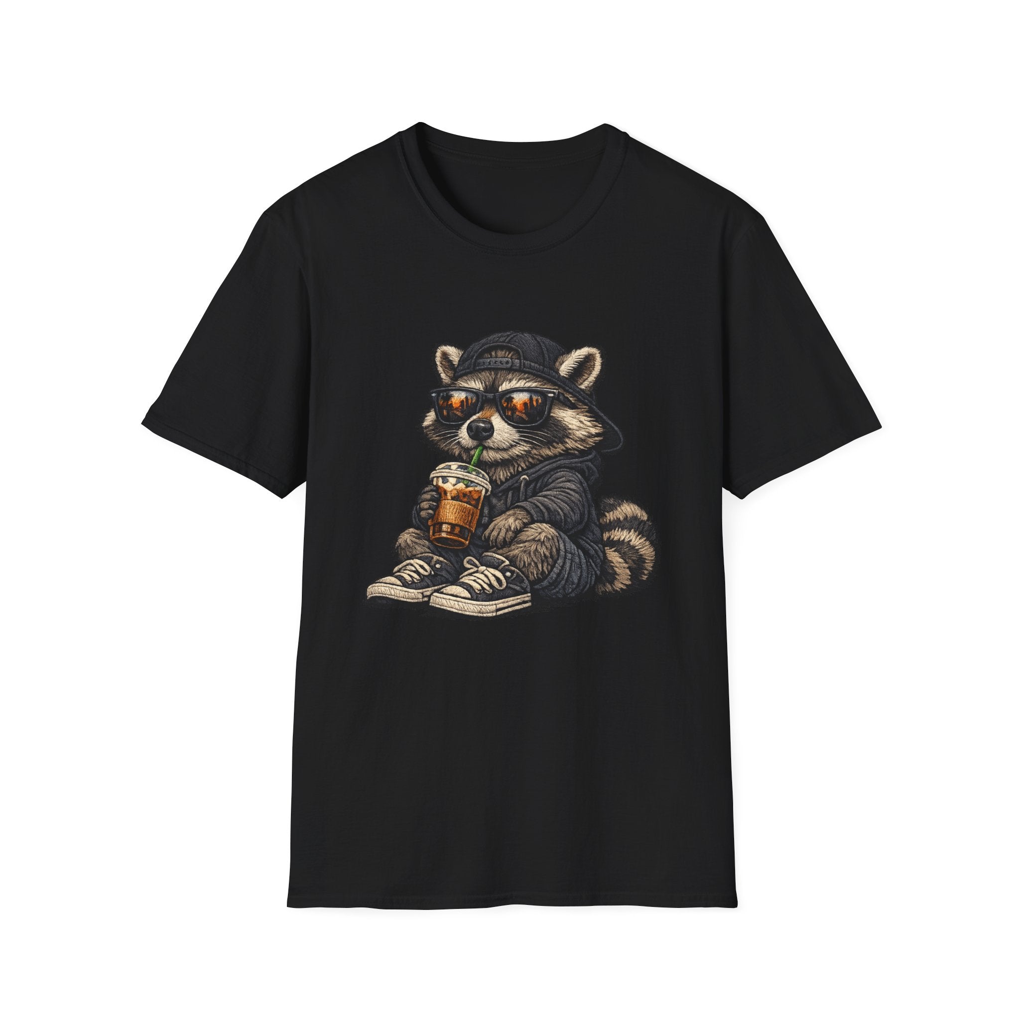 Raccoon Hoodie & Coffee Graphic T-Shirt — Cute Urban Streetwear Tee