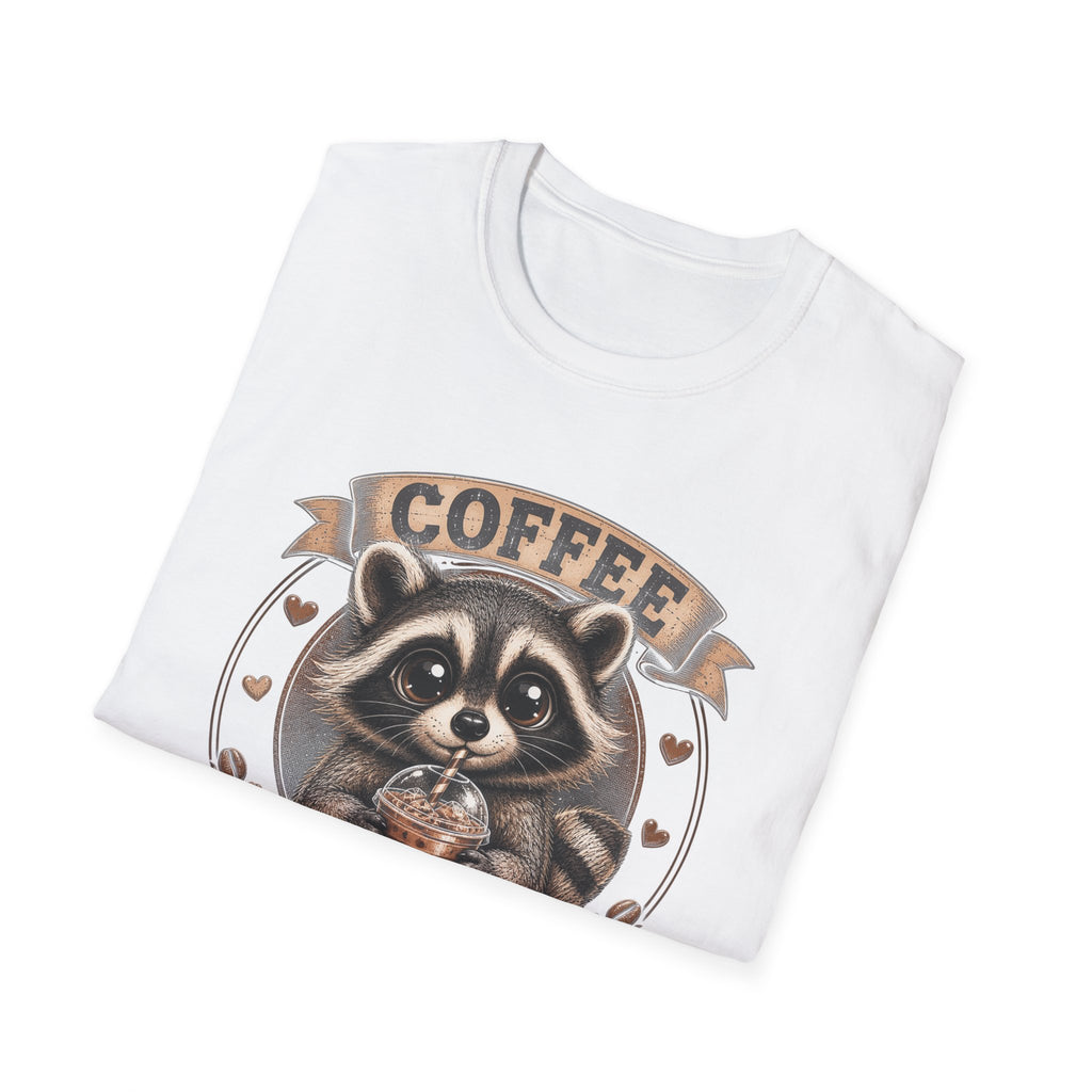Coffee Addict T-Shirt — Cute Raccoon Holding Coffee Graphic Tee