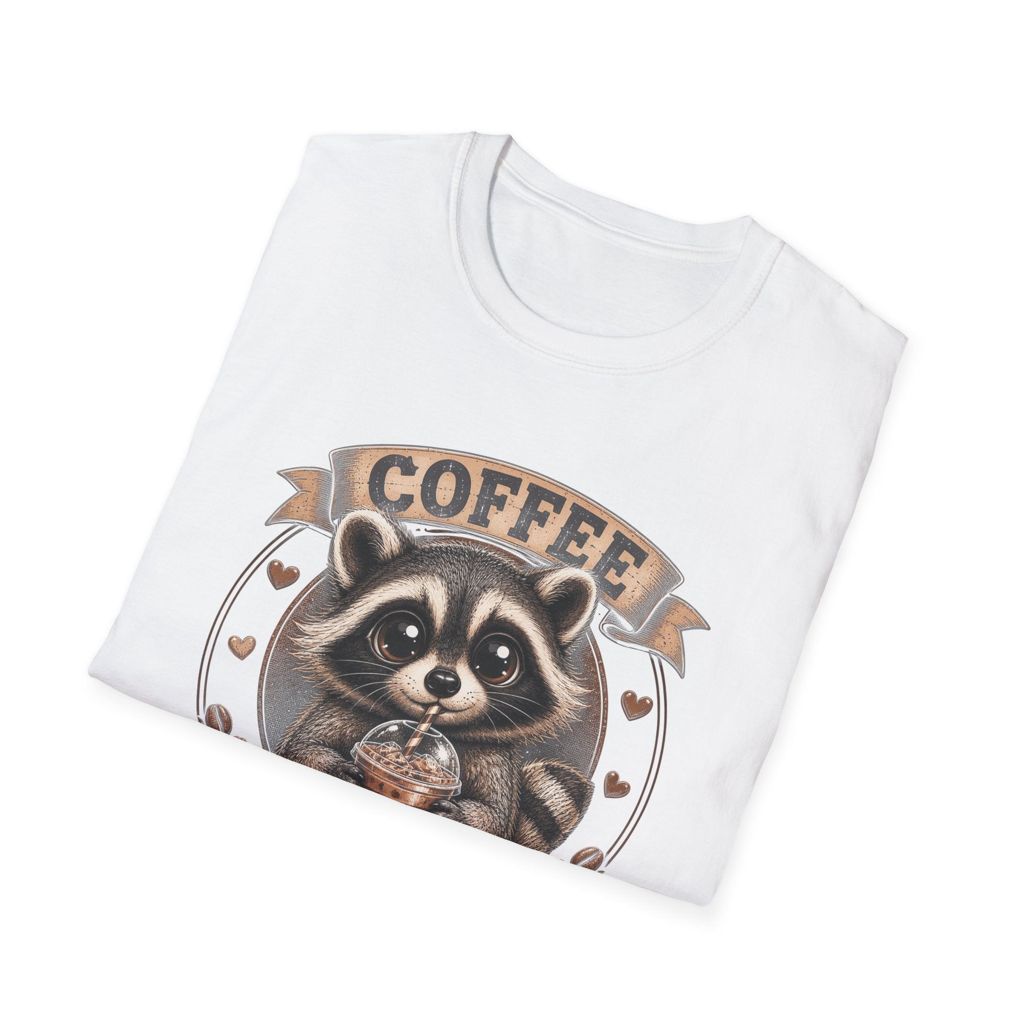 Coffee Addict T-Shirt — Cute Raccoon Holding Coffee Graphic Tee