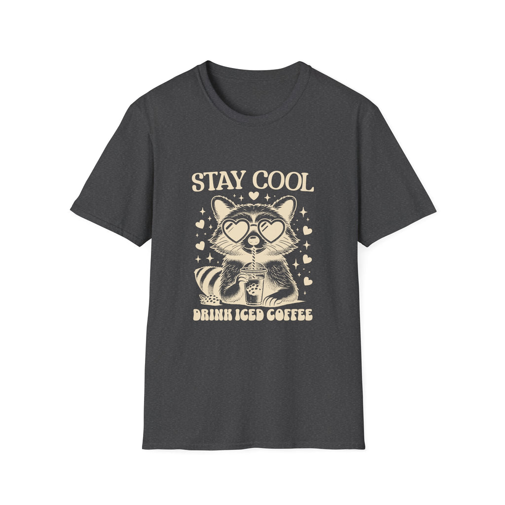 Stay Cool Raccoon Iced Coffee T-Shirt — Cute Retro Coffee Tee