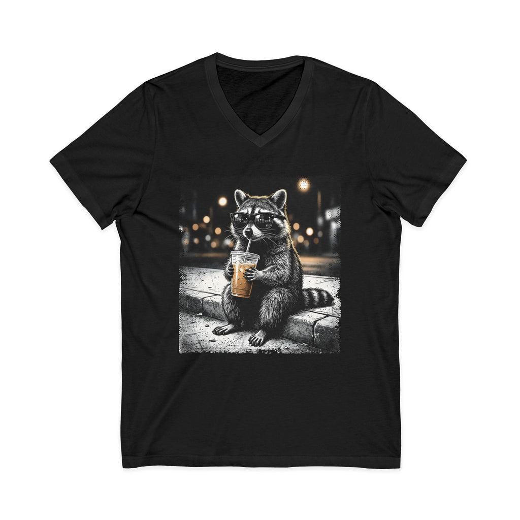 Raccoon Coffee V-Neck Tee — Cute Nighttime Boba Raccoon Graphic T-Shirt