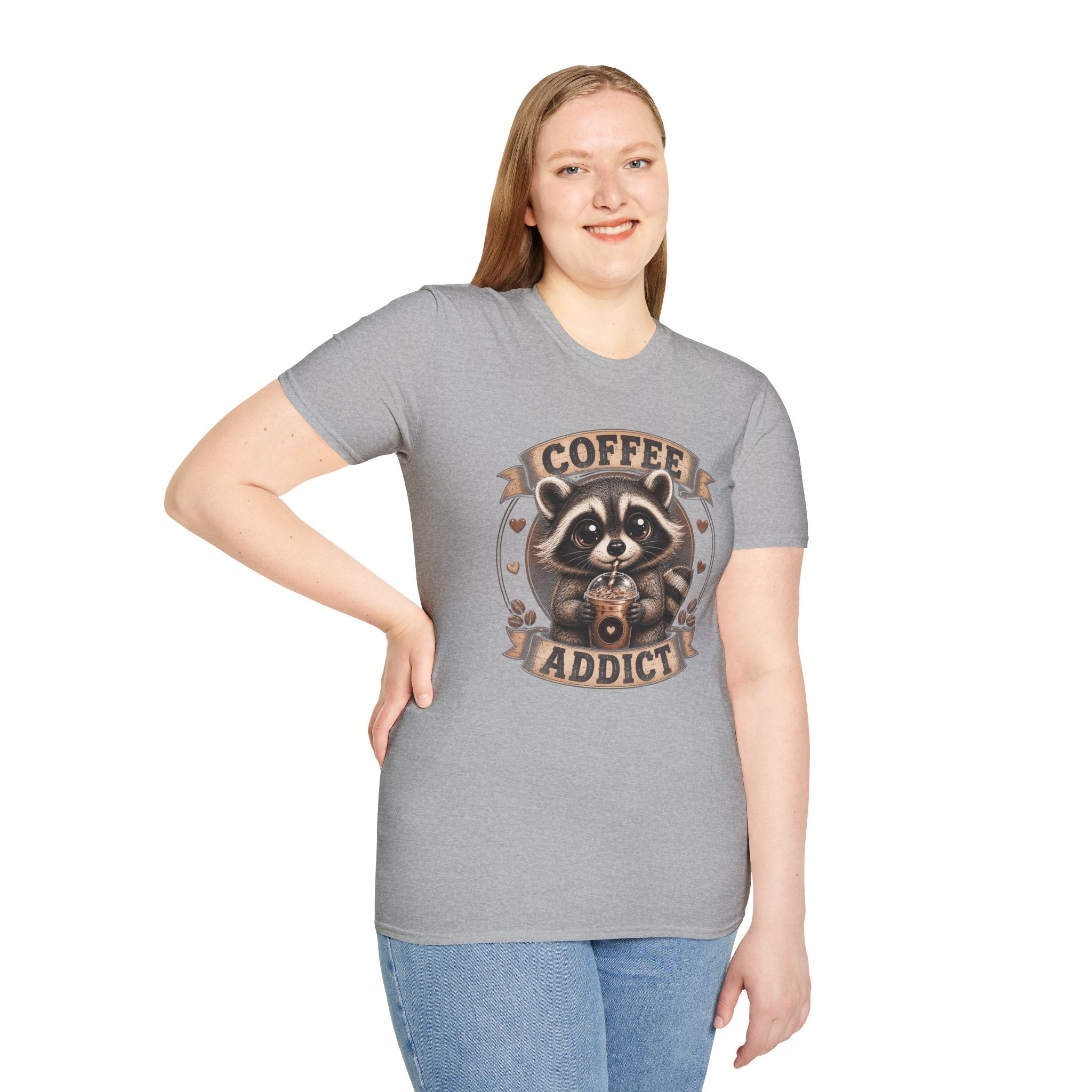 Coffee Addict T-Shirt — Cute Raccoon Holding Coffee Graphic Tee