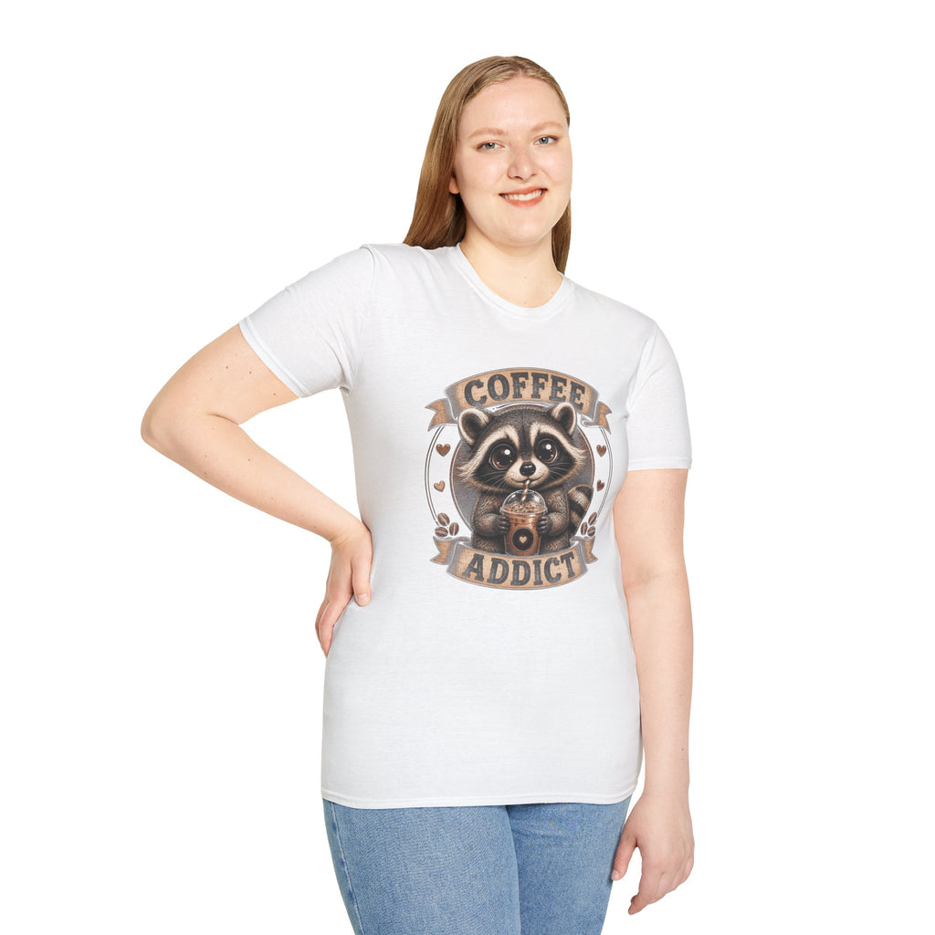 Coffee Addict T-Shirt — Cute Raccoon Holding Coffee Graphic Tee