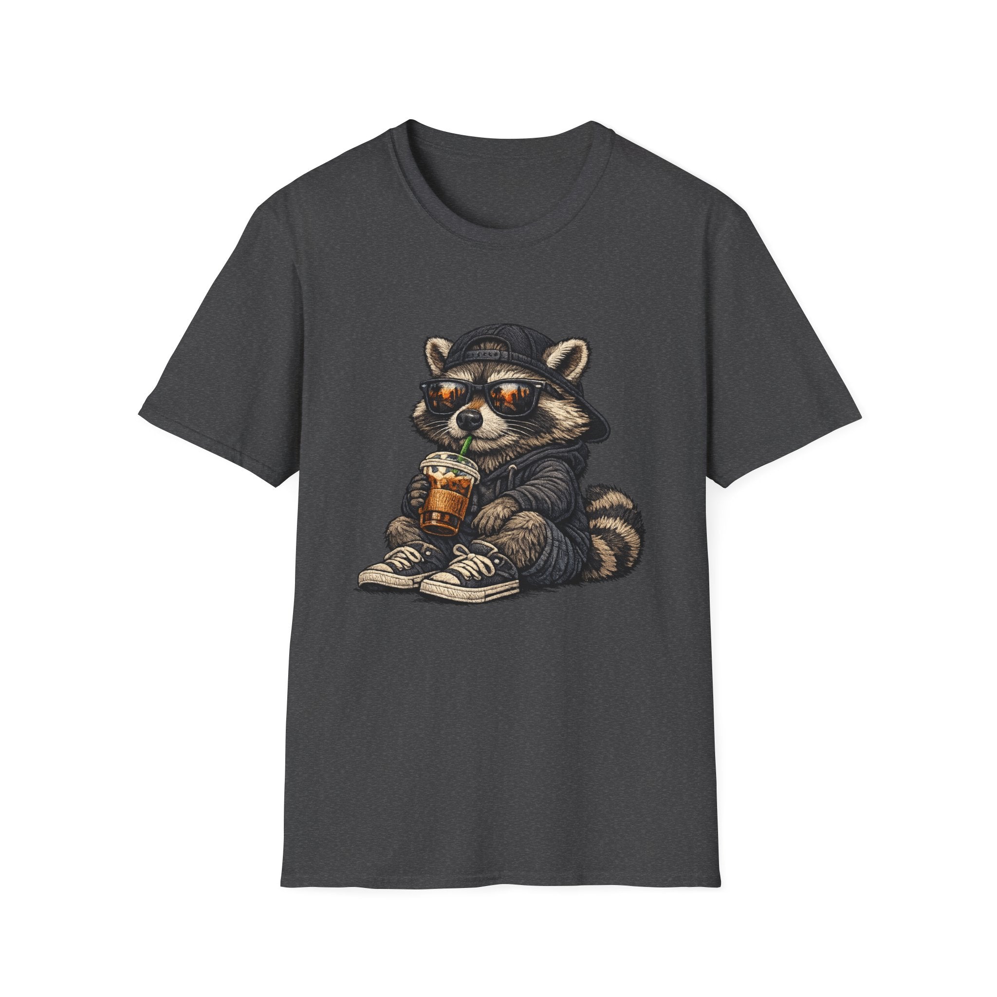 Raccoon Hoodie & Coffee Graphic T-Shirt — Cute Urban Streetwear Tee