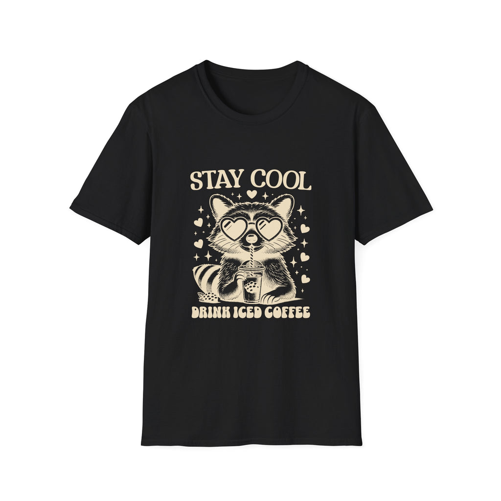 Stay Cool Raccoon Iced Coffee T-Shirt — Cute Retro Coffee Tee