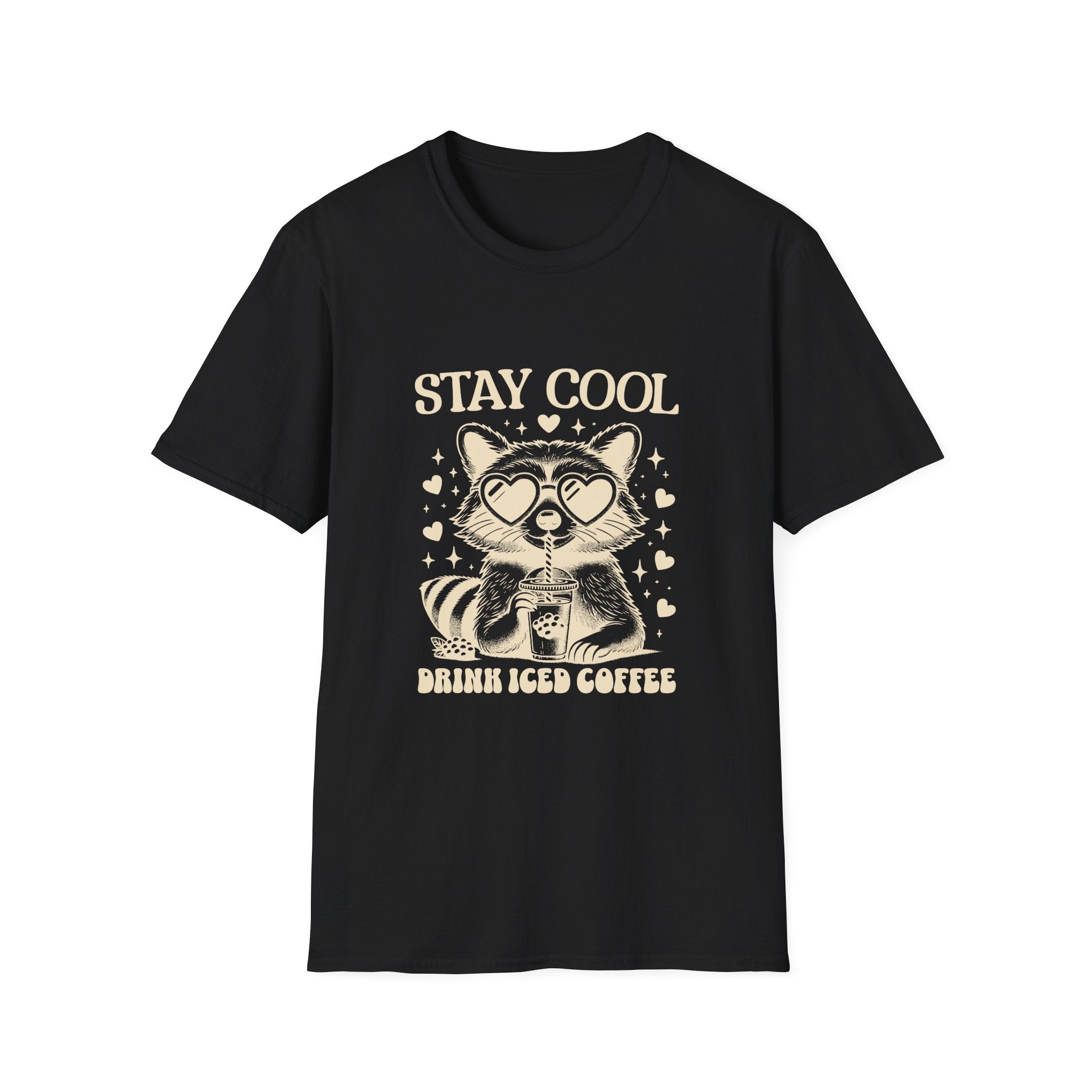 Stay Cool Raccoon Iced Coffee T-Shirt — Cute Retro Coffee Tee