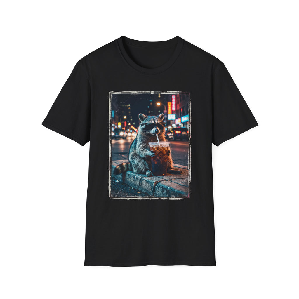 Raccoon Night Street T-Shirt — Urban Nightlife Animal Graphic Tee