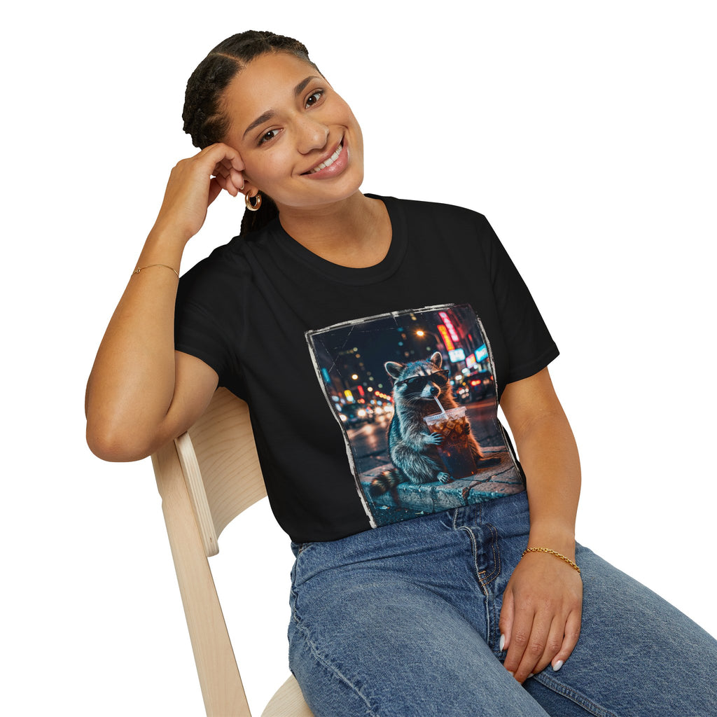 Raccoon Night Street T-Shirt — Urban Nightlife Animal Graphic Tee