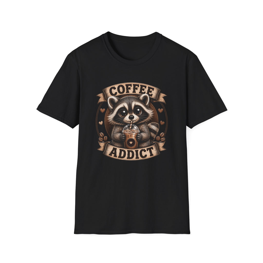 Coffee Addict T-Shirt — Cute Raccoon Holding Coffee Graphic Tee
